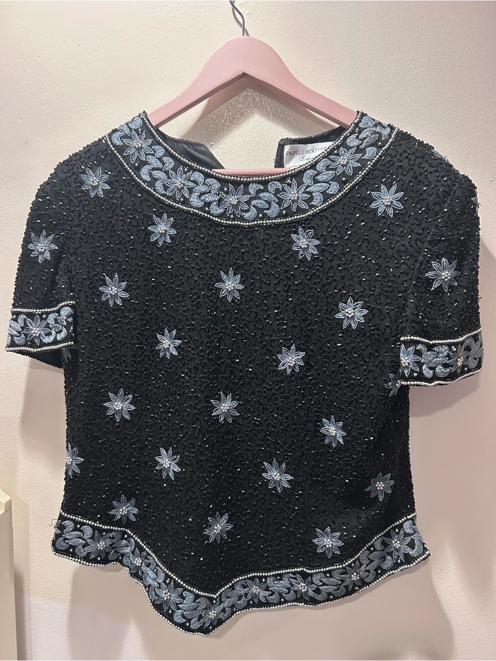 Papell Boutique Black Short-Sleeve Beaded Top with Light Blue Floral Embroidery